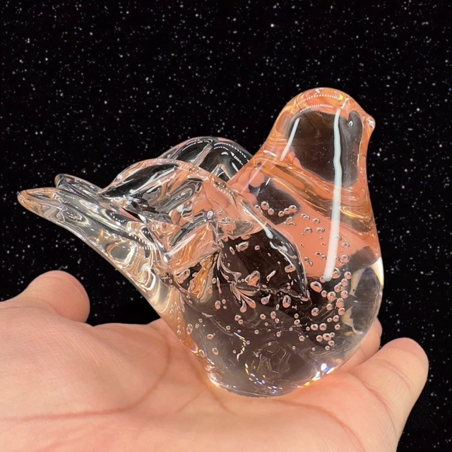 Art Glass Bird Figurine Paperweight With Small Bubbles Light Pink 4”W 3”T