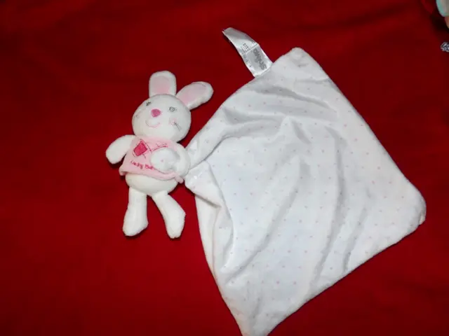 Doudou Peluche Mouchoir Lapin Lucky Bunny Blanc Rose Pois Shima neuf