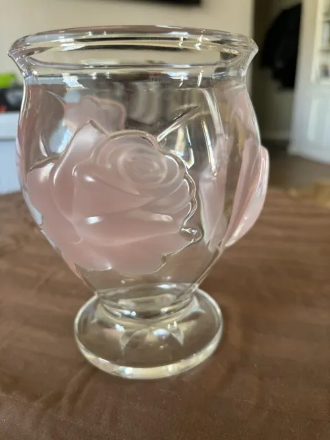 French Art Glass Vase Pink Frosted Roses Puffed Raised Flowers France Heavy