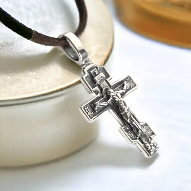 Large Orthodox Cross Necklace Men Women 925 Silver Double-Sided Crucifix Pendant 3