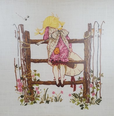 Vintage Crewel Finished Framed Holly Hobby Bucilla Pink Bloomers Bonnet Bees