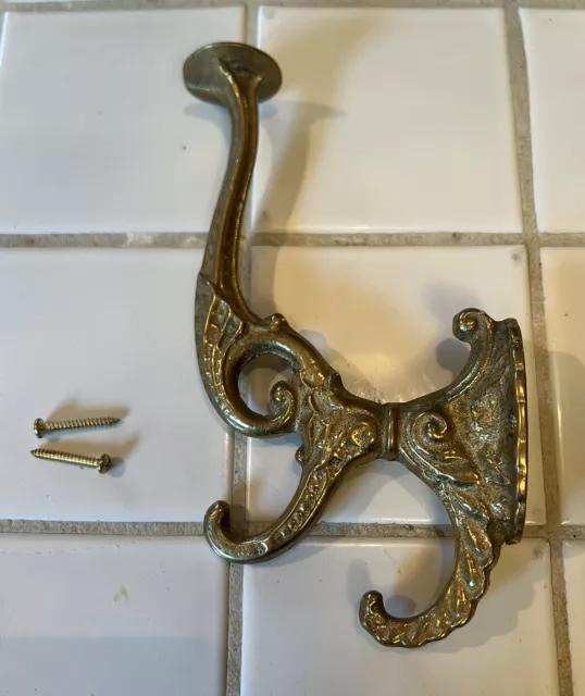 Vintage Victorian Solid Brass Bronze Towel/Coat/Hat holder 3 hook large 8 X4 R10