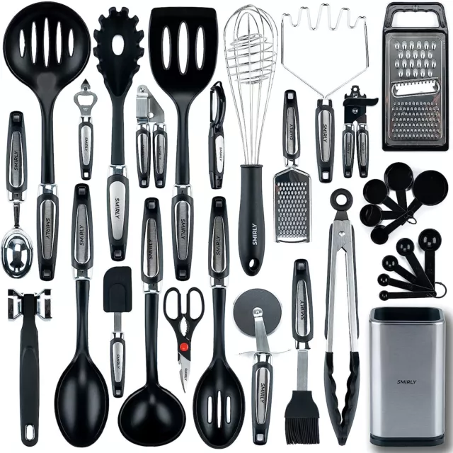 SMIRLY Kitchen Utensils Set with Holder Caddy: Silicone Non-stick Cooking Tools