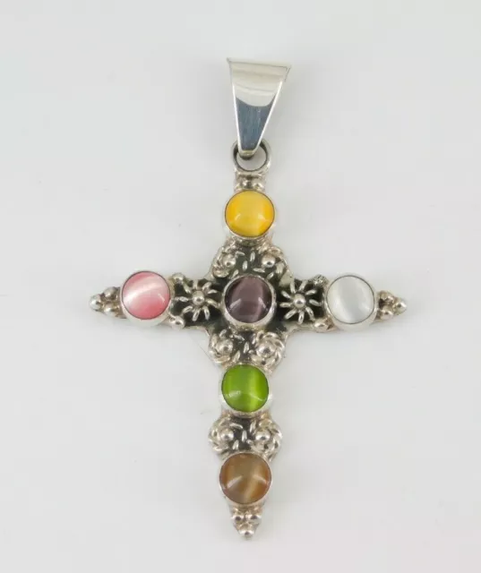 Mexico 925 Sterling Silver Fiber Optic Glass Cross Pendant