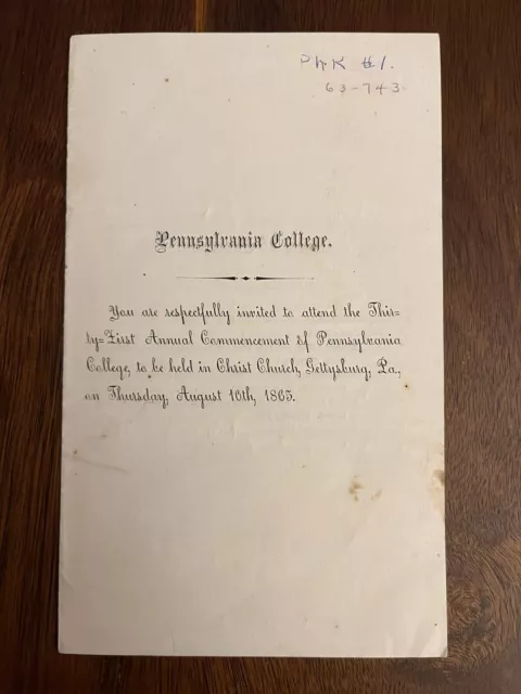 Pennsylvania College 1865 Civil War Period Graduation Invitation Gettysburg, Pa.