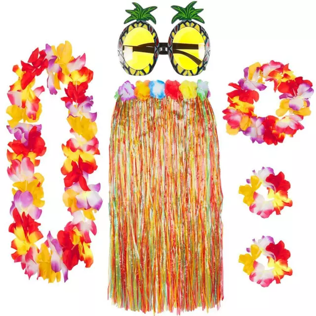 Hawaiian Hula Skirt Leis Hair Clip Pineapple Glasses Fancy Dress Party  Kit