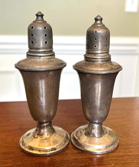 VINTAGE REVERE STERLING SILVER WEIGHTED 5" FOOTED SALT & PEPPER SHAKERS 159g