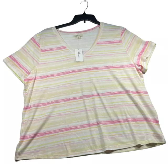 Style and Co Shirt Womens  Plus Size 3X Pink White Striped Vneck Cotton Top New