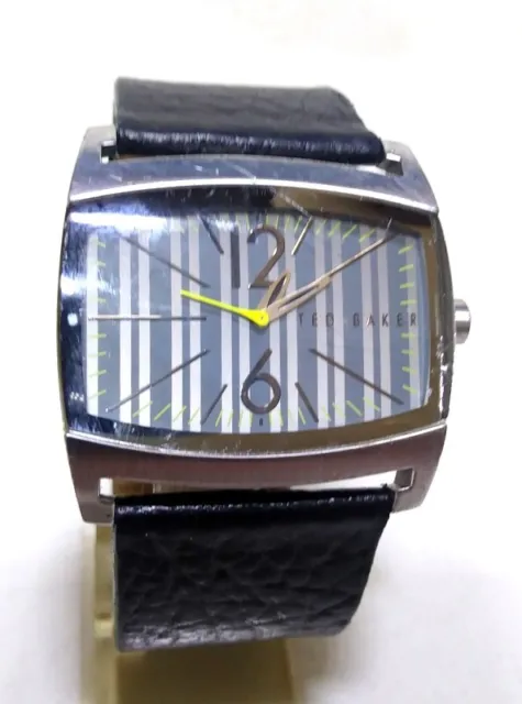 Gents Brushed Silver Tone Ted Baker Watch With Wide Black Leather Strap