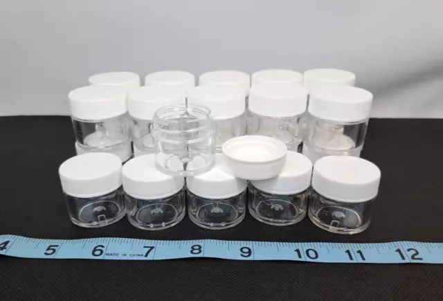 26 Small Clear Plastic Containers w/Screw on White Lid