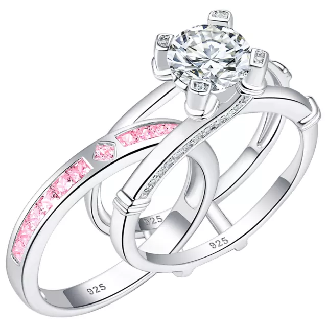 Wuziwen Pink Round AAAAA Cz 925 Sterling Silver Wedding Engagement Ring Sets