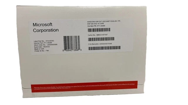 MICROSOFT WINDOWS SERVER 2022 datacenter 64Bit 16 Core License Key DVD ...