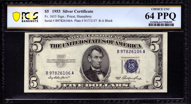 1953 $5 Silver Certificate Note Fr 1655 Ba Block Pcgs B Choice Unc Cu 64 Ppq