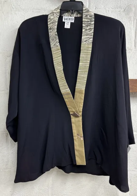 Vtg YASUKO Bloom Art To Wear Black Jacket S/M Kimono Silk Trim Tunic Button
