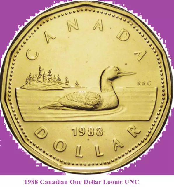 1988 Canada One Dollar Loonie Coin. UNC. Canadian $1 Loon