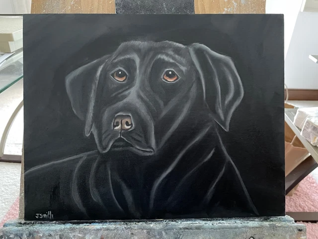 Original oil painting artwork 11 X 14 black Labrador retriever dog