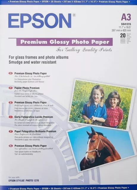Epson 2357125 Premium Glossy Photo Paper, A3, 297 x 420mm, 255 g/m2, 20 Sheets,