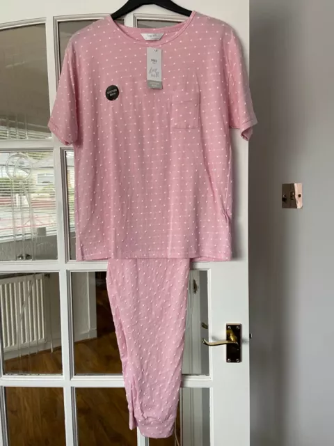 BNWT M&S pink cotton textured dot cuffed hem pyjama sets 8 10