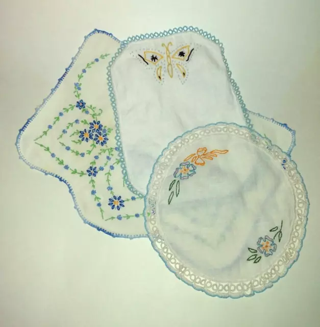 3 - Vintage Dresser Scarves Hand Embroidered & Crocheted, Tatted Trim Edges