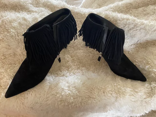 Sam Edelman Black Suede Leather Fringe Point Toe High Heel Boots Womens 9