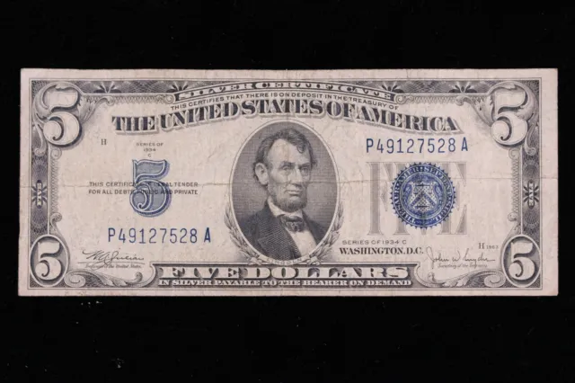$5 1934C blue seal Silver Certificate Circulated P49127528A Exact Note Shown