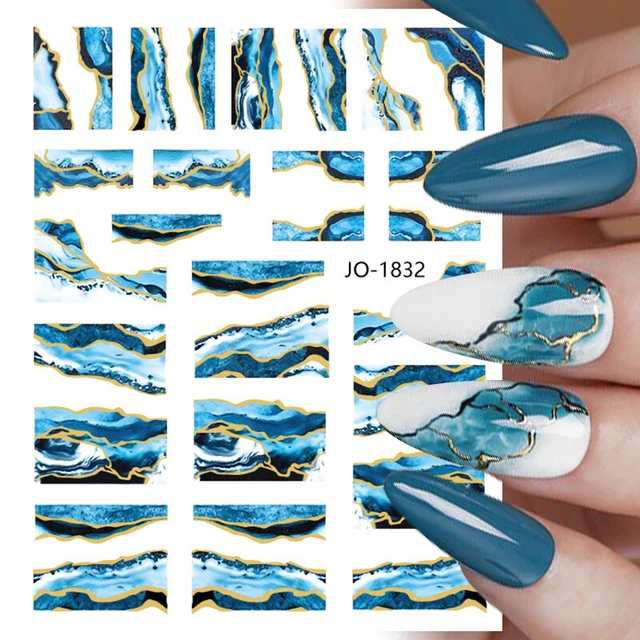 Pegatina para uñas 3D azul verde mármol oro escamas línea arte en uñas pegatina manicura ⭐