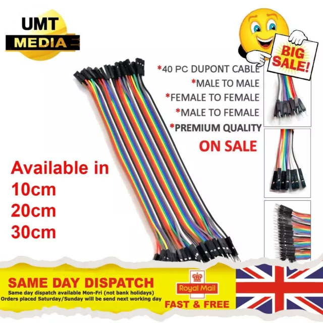 40 pcs Dupont Cables M-F, M-M, F-F Jumper Breadboard Wire GPIO Ribbon Pi Arduino