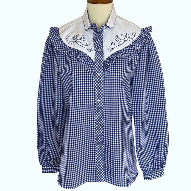 KARMAN Vintage Western checkered ruffle pearl snaps blouse navy white size 11-12