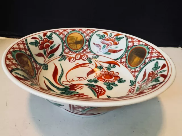 Hand Painted Japanese Porcelain Footed Bowl 8 ½" Gold Red Birds Flowers Labels