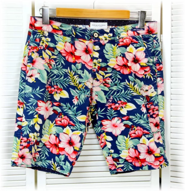 Mens Hawaiian Hibiscus Denim & Flower Ricky Singh Shorts Size 29