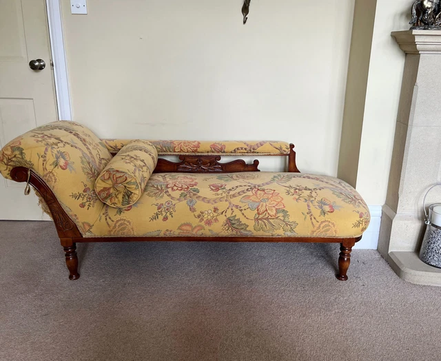 ANTIQUE CHAISE LONGUE Hardwood Carved Frame & Legs with Bolster Victorian