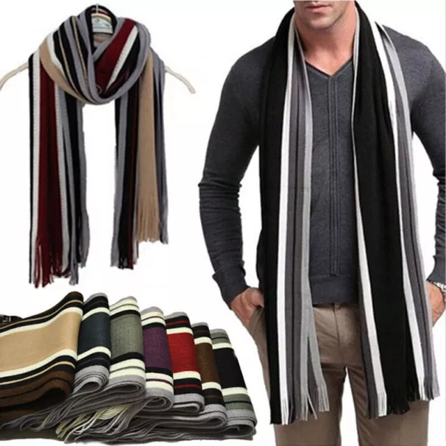 New Mens Cashmere Scarf Winter Warm Soft Fringe Striped Tassel Long Shawl Wrap