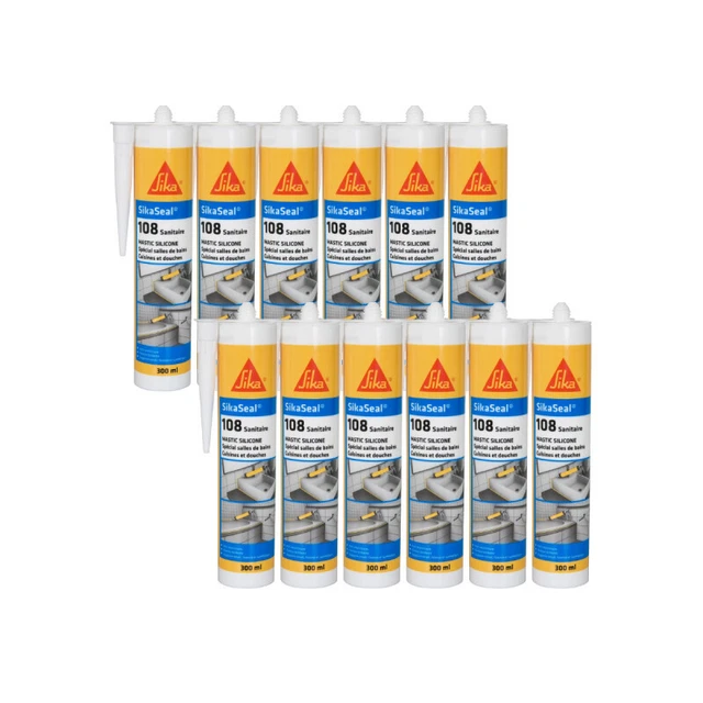 Lot de 12 mastics silicones anti-moisissure SIKA Sikaseal 108 Sanitaire - Gris