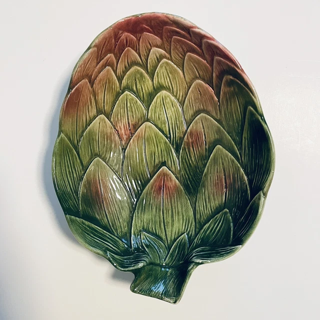 Vintage Italian Art Pottery Oval Artichoke Bowl 8171 Green Pink Glaze 6.5"x9.5"
