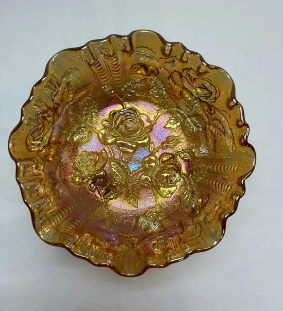 Vintage 1951 Imperial Carnival Glass Bowl  Iridescent Orange  Open Lustre Rose