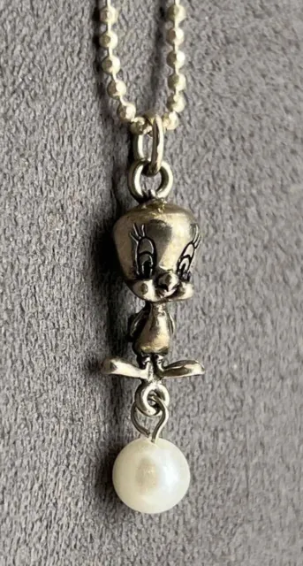 Vintage 3D Tweety Bird Necklace with Pearl;  16" Chain; Made in Italy