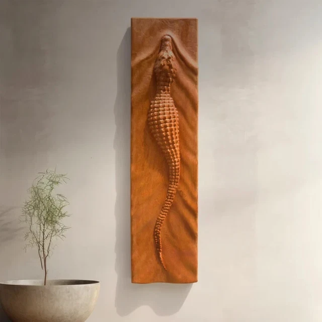 Grande Sculpture Murale Crocodile En Bois - Artisanat Indien Fait Main, Gravé