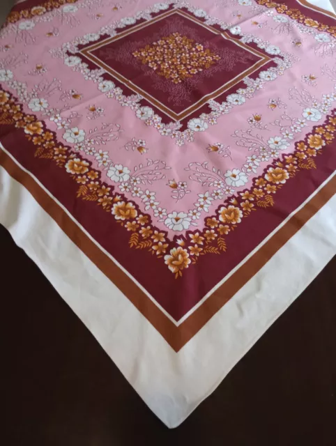 Vintage Retro 70s Pink Maroon Orange White Floral Textured Tablecloth 124x124cm