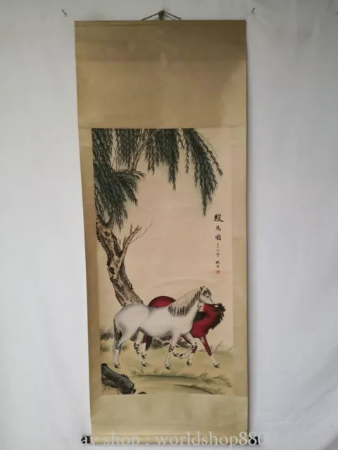 81"Chinese rice paper horse willow antique painting Hand drawing scroll picture