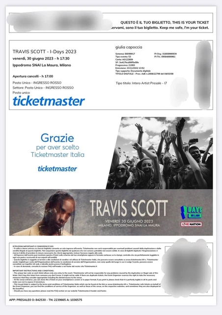 biglietto concerto di Travis Scott per il 30 Giugno a Milano (ingresso rosso).