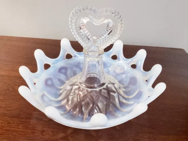 HTF Antique Northwood Blue Opalescent Lace Rim Heart Handle Ring Bowl