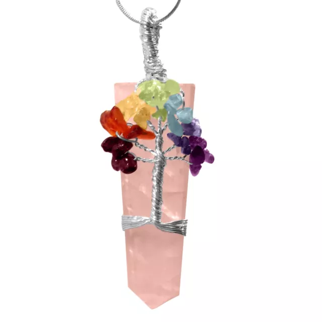 Wire Wrap Rose Quartz 7 Chakra Pendant Crystal Tree Life Necklace Reiki Heal