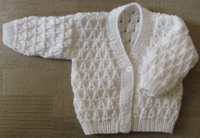 Hand Knitted Babies Cardigan 16" (41cm) chest for Newborn (0-2 months) White