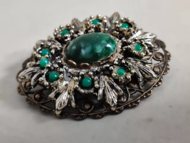 Filigree West Germany Brooch Gilt Brass Malachite Glass Vintage