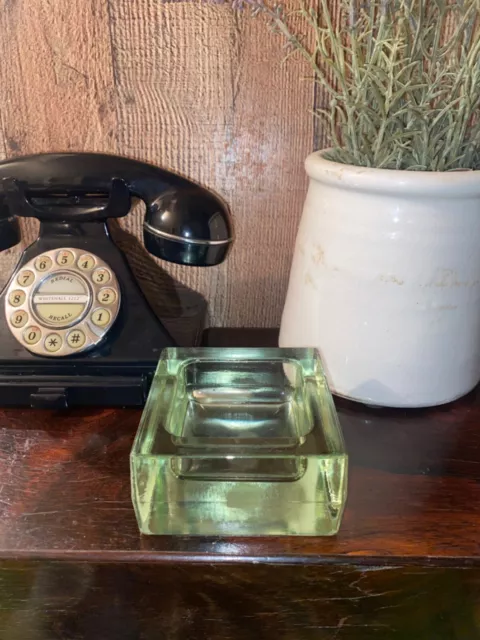 Mid Century Green Coloured Glass Cubist Modernist Ashtray,Art Deco,Vintage,Retro