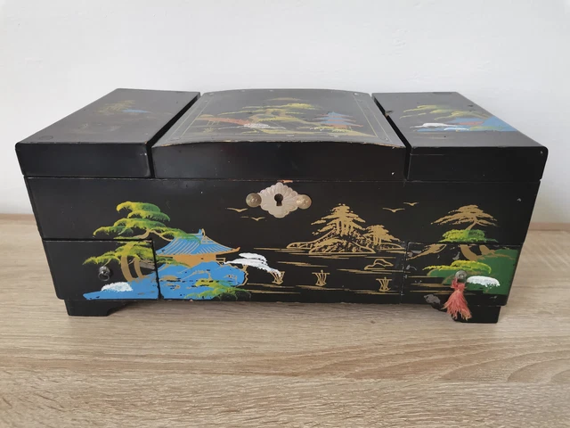 ANCIENNE BOÎTE À musique en bois motif asiatique vintage retro année 70