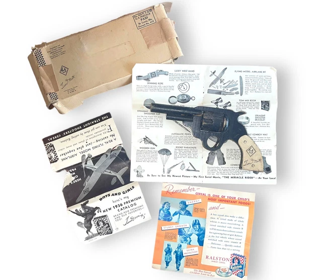 1930s Ralston Cereal Premium TOM MIX Wooden Toy Gun w/box and advertising c 1936