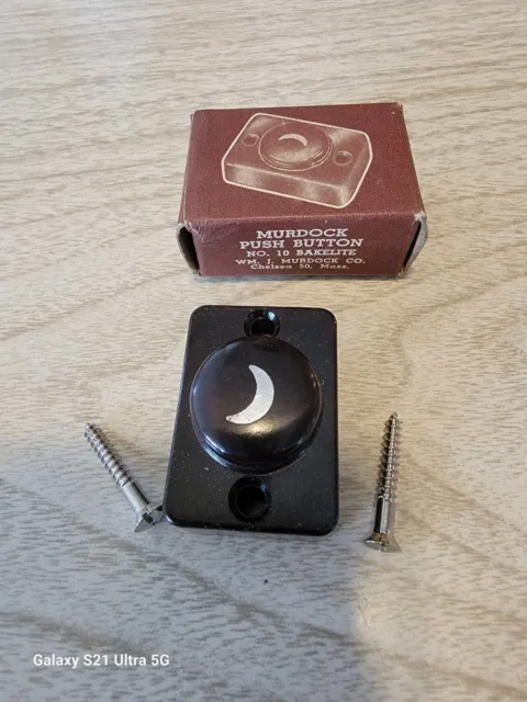 Rare Vtg Murdock Crescent Moon Brown Bakelite Doorbell Push Button No-10 In Box