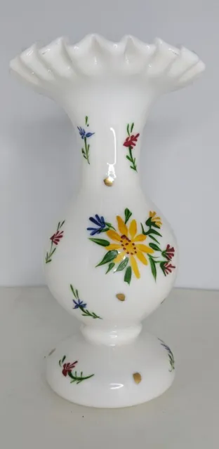 Vintage Consolidated Glass Milk Glass Con-Cora Ruffled Vase; Hand Painted