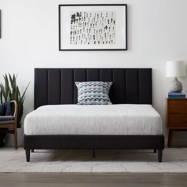 Lucid Queen Bedframe with Vertical Channeled Headboard — Platform Bed